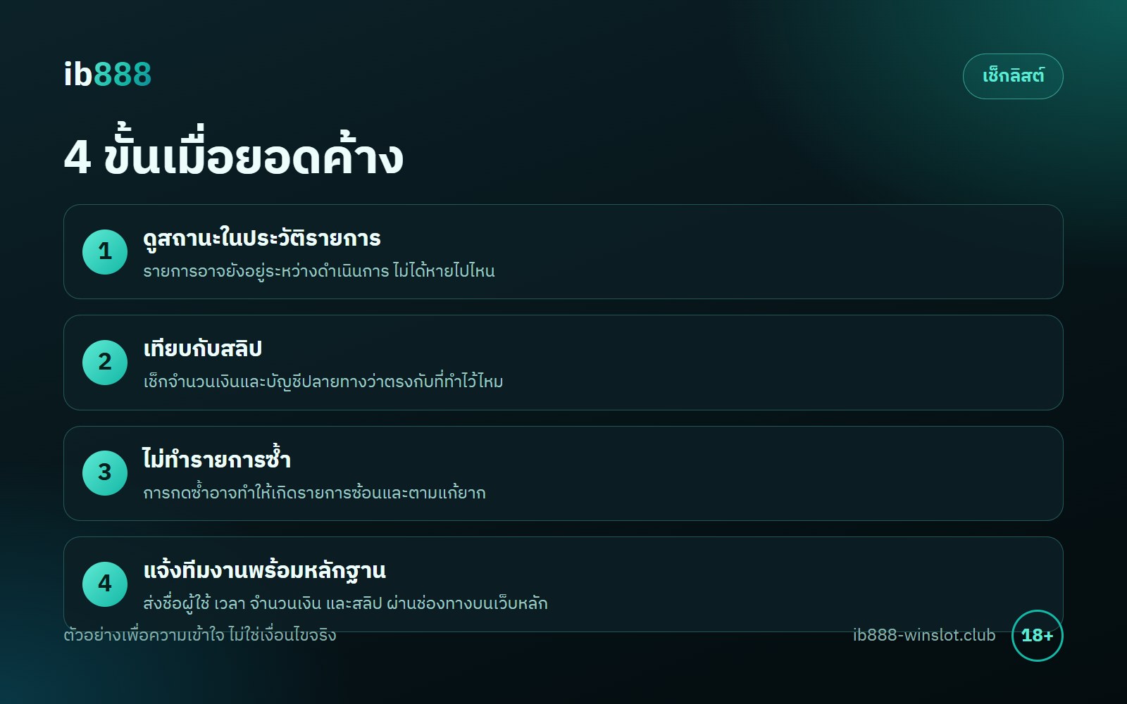 ฝากถอน ib888 4 ขั้นรับมือยอดค้าง ดูสถานะ เทียบสลิป ไม่ทำซ้ำ และแจ้งทีมงาน
