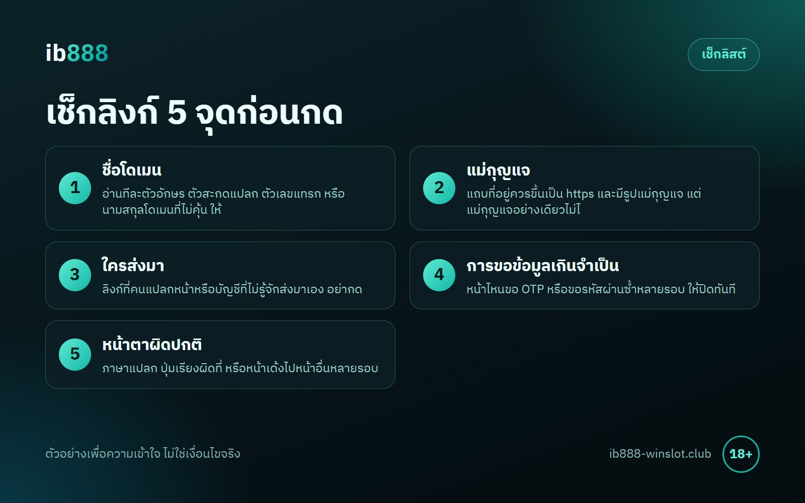 ib888ทางเข้า เช็กลิสต์ 5 จุด ชื่อโดเมน แม่กุญแจ ผู้ส่งลิงก์ การขอ OTP และหน้าตาที่ผิดปกติ